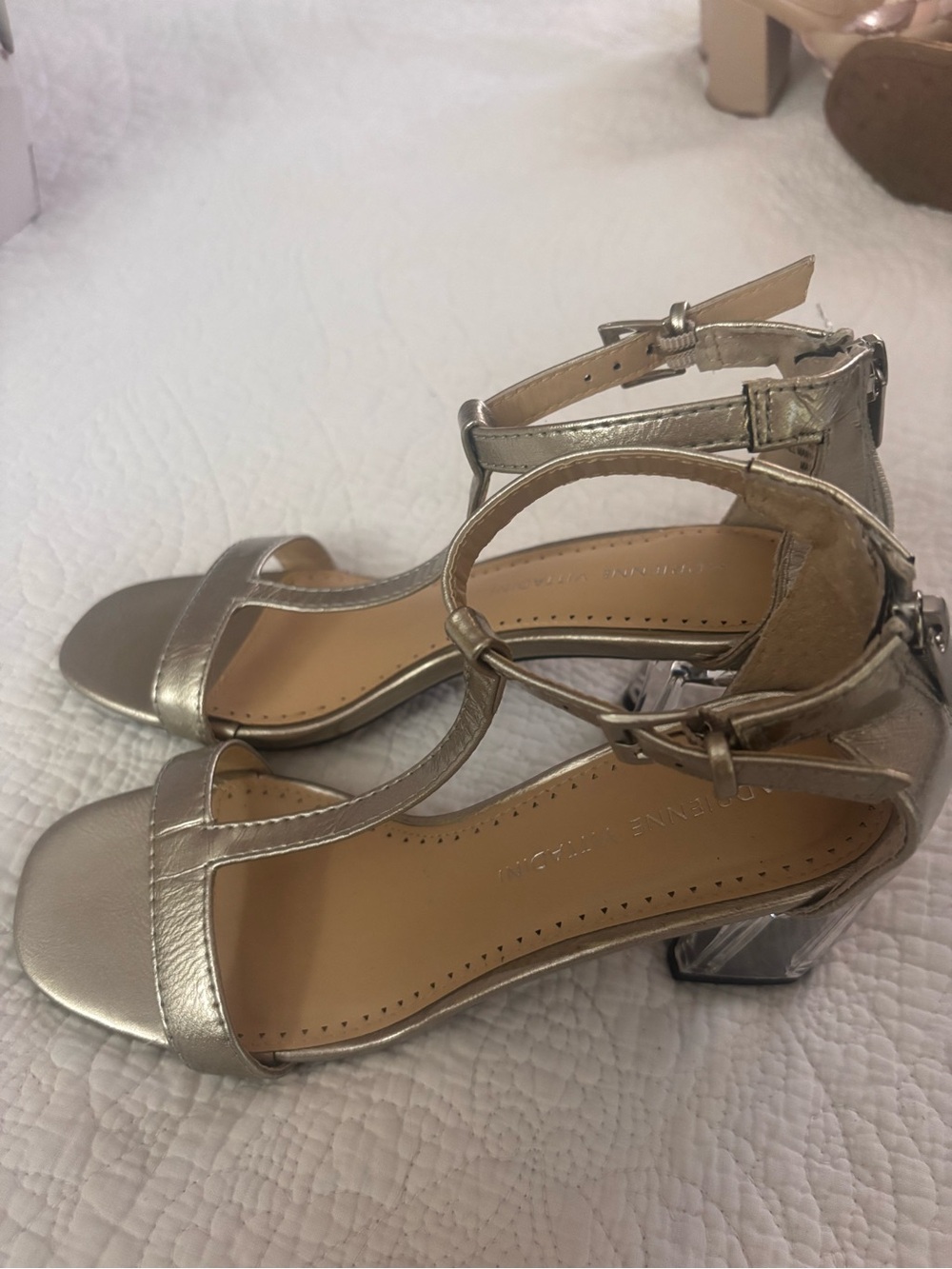 Adrienne Vittadini Metallic Silver T-Strap Block Heel Sandals